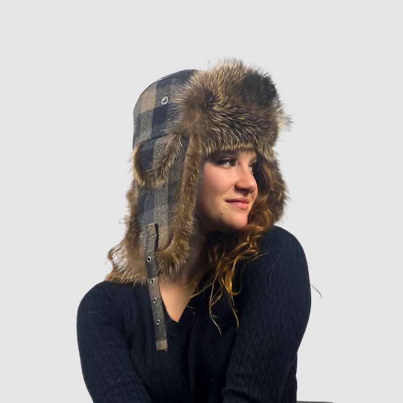 Natural Raccoon Aviator Style Hat - Plaid Fabric