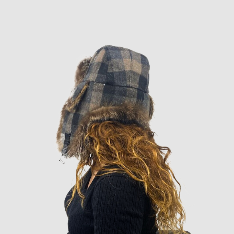 Natural Raccoon Aviator Style Hat - Plaid Fabric