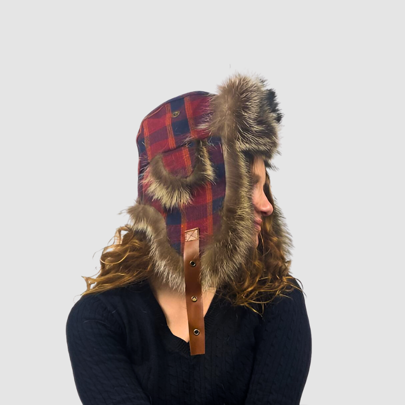 Natural Raccoon Aviator Style Hat - Plaid Fabric