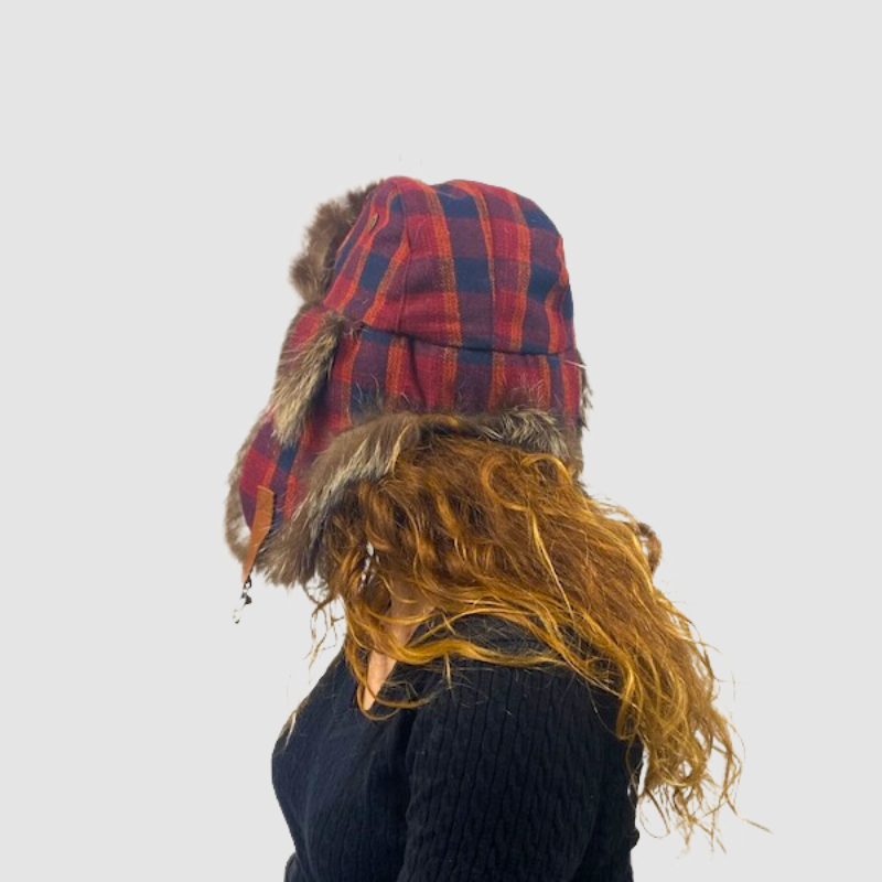 Natural Raccoon Aviator Style Hat - Plaid Fabric
