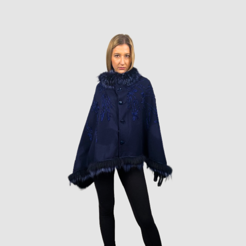 Navy Cashmere & Wool Blend Cape - Fox Trim