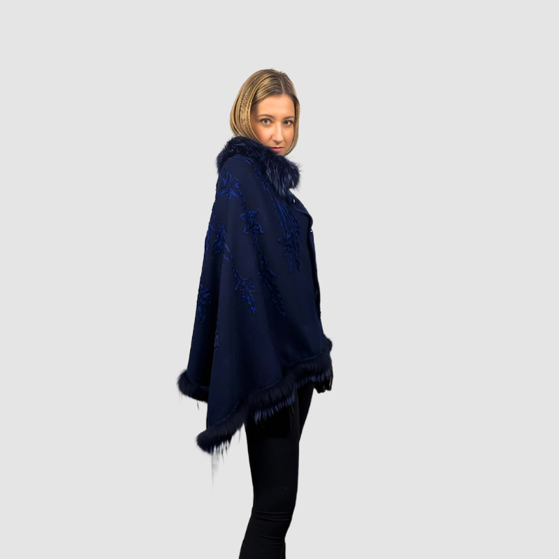 Navy Cashmere & Wool Blend Cape - Fox Trim