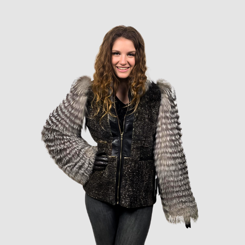 Printed & Dyed Sheared Rex Rabbit Jacket - Fox Sleeves & Collar