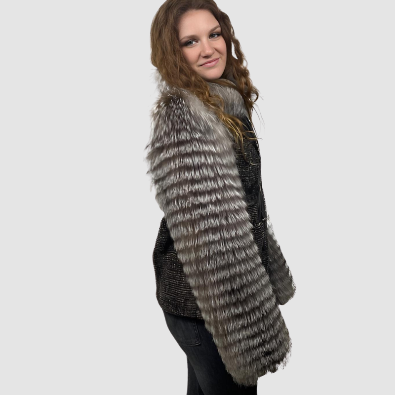 Printed & Dyed Sheared Rex Rabbit Jacket - Fox Sleeves & Collar