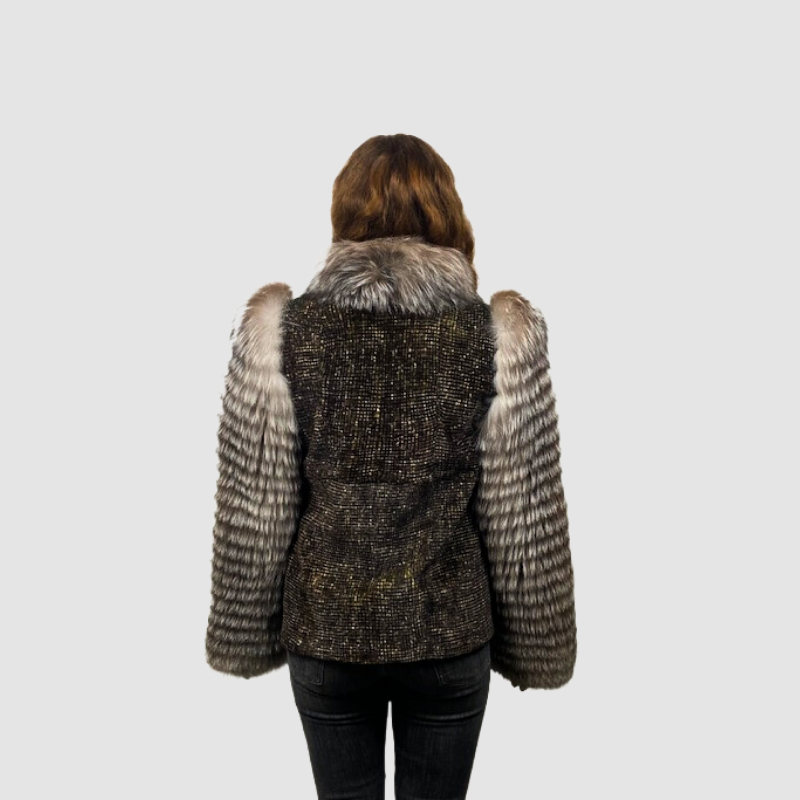 Printed & Dyed Sheared Rex Rabbit Jacket - Fox Sleeves & Collar