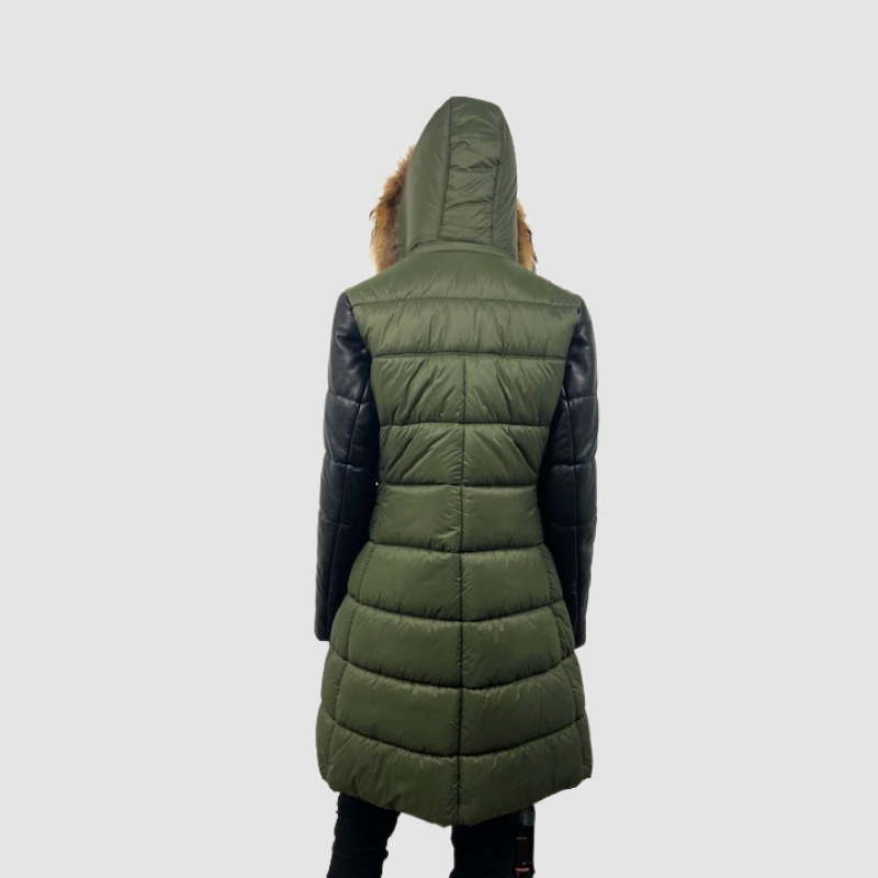 Puffy Coat with Leather Sleeves - Hood Fur Trim
