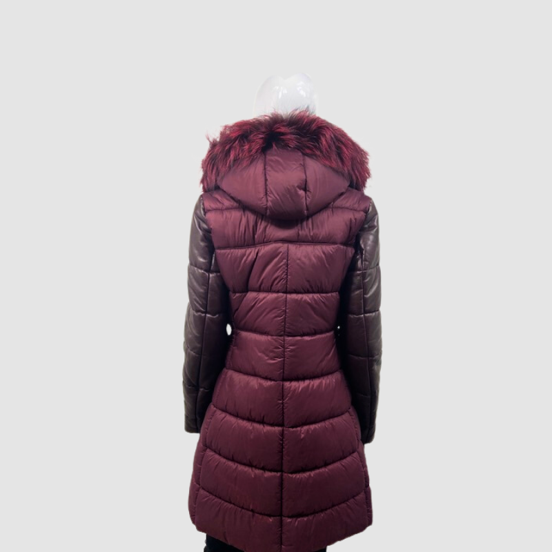 Puffy Coat with Leather Sleeves - Hood Fur Trim