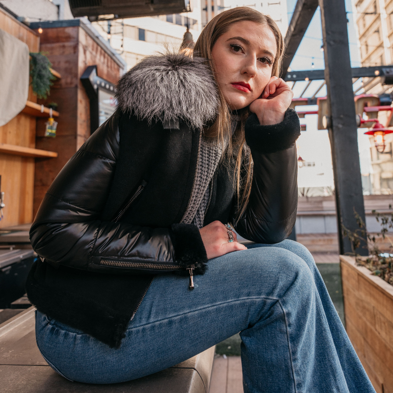 STEFANO Shearling & Fabric Jacket - Fox Collar