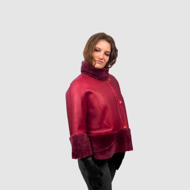 Shearling Cape Style Jacket Half Sleeves Carnation