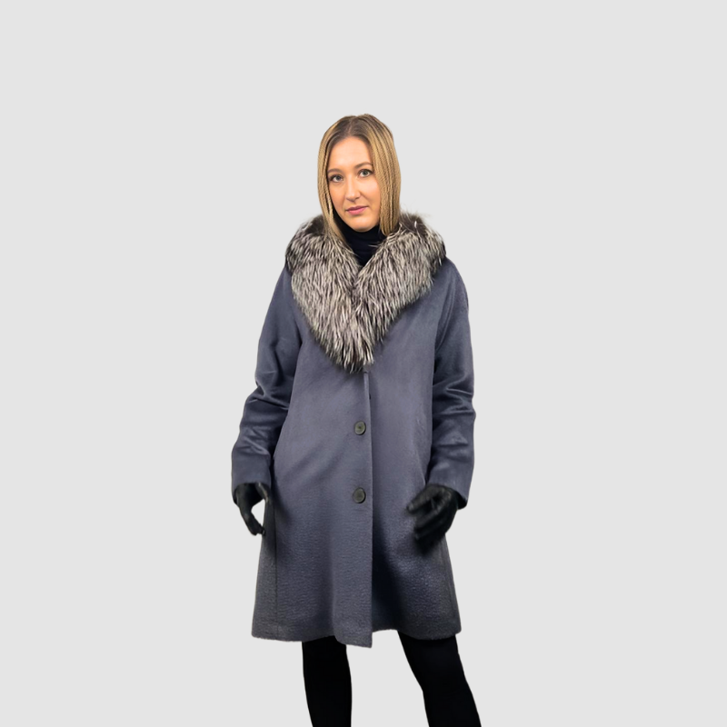 Silver Grey Baby Alpaca Wool Coat - Silver Fox Collar