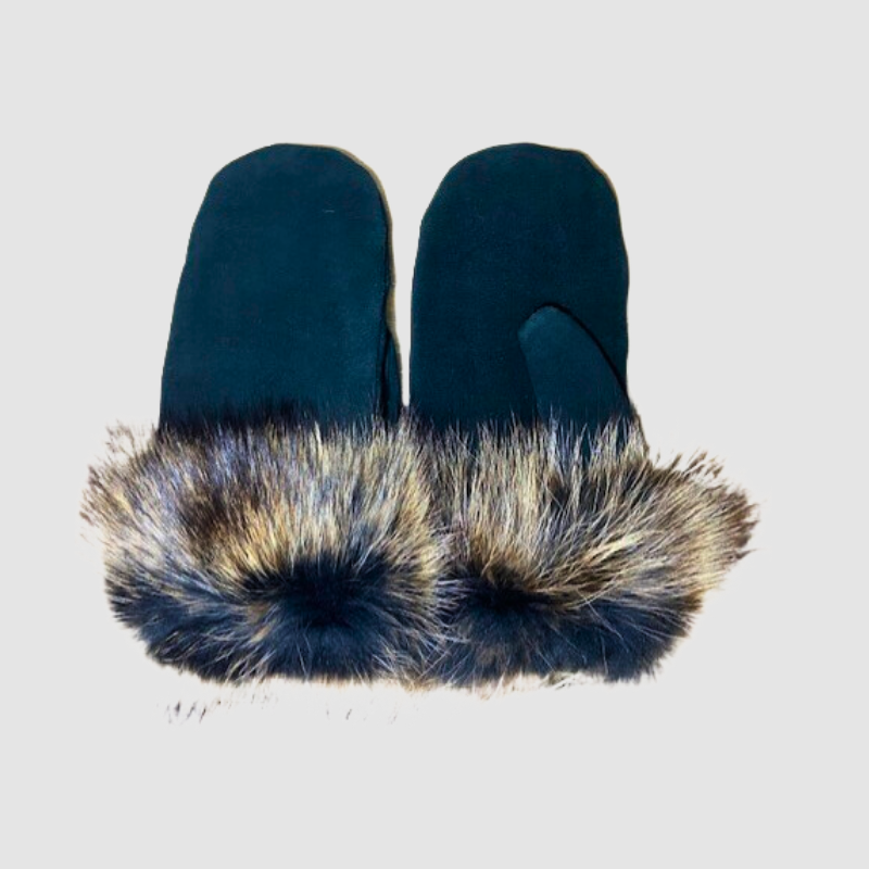 Women's Raccoon Trimmed Black Suede Mittens