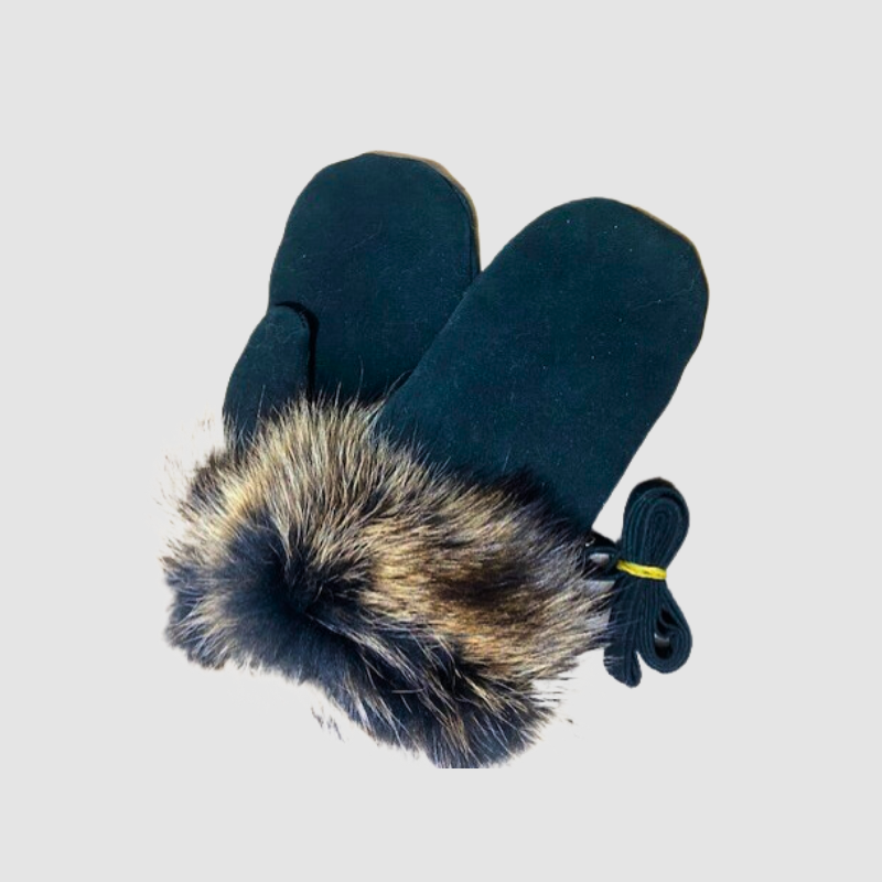 Women's Raccoon Trimmed Black Suede Mittens