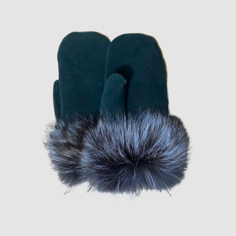 Women's Raccoon Trimmed Black Suede Mittens