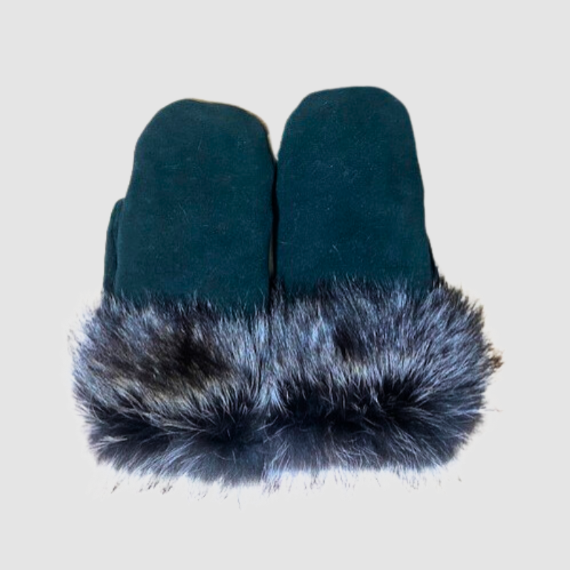 Women's Raccoon Trimmed Black Suede Mittens