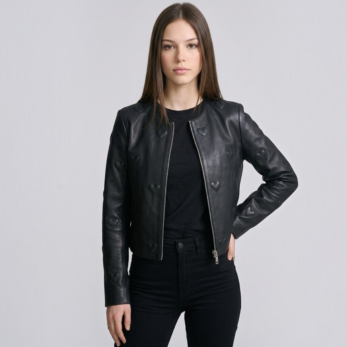 Black Leather Jacket - Heart detail