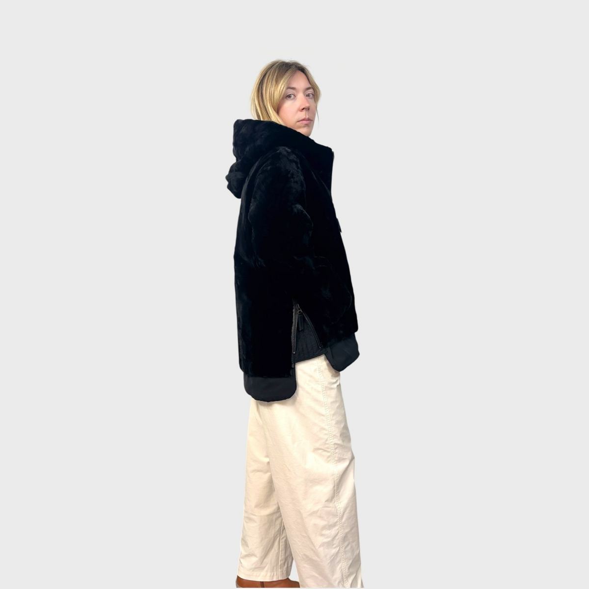 Black Sheared Mink Paw Hooded Jacket - Zipper Details