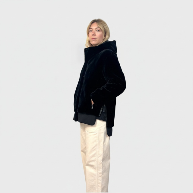 Black Sheared Mink Paw Hooded Jacket - Zipper Details
