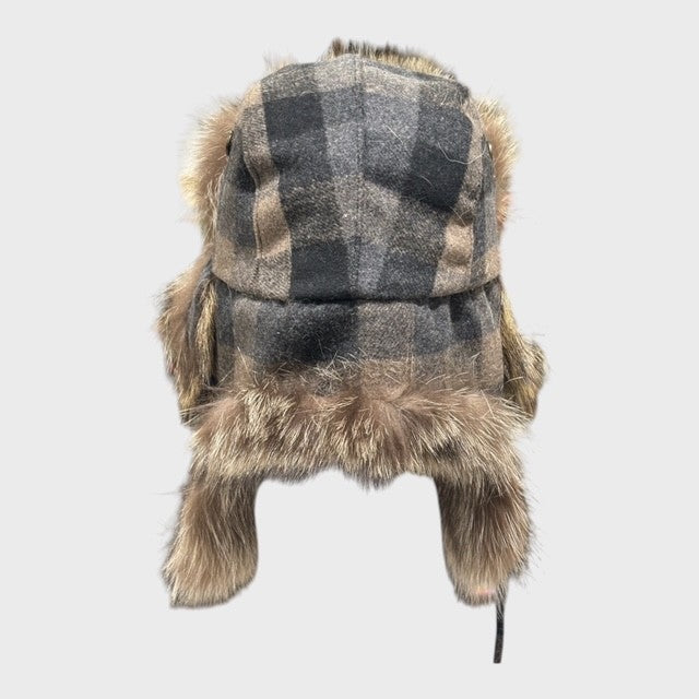 Natural Raccoon Aviator Style Hat - Plaid Fabric