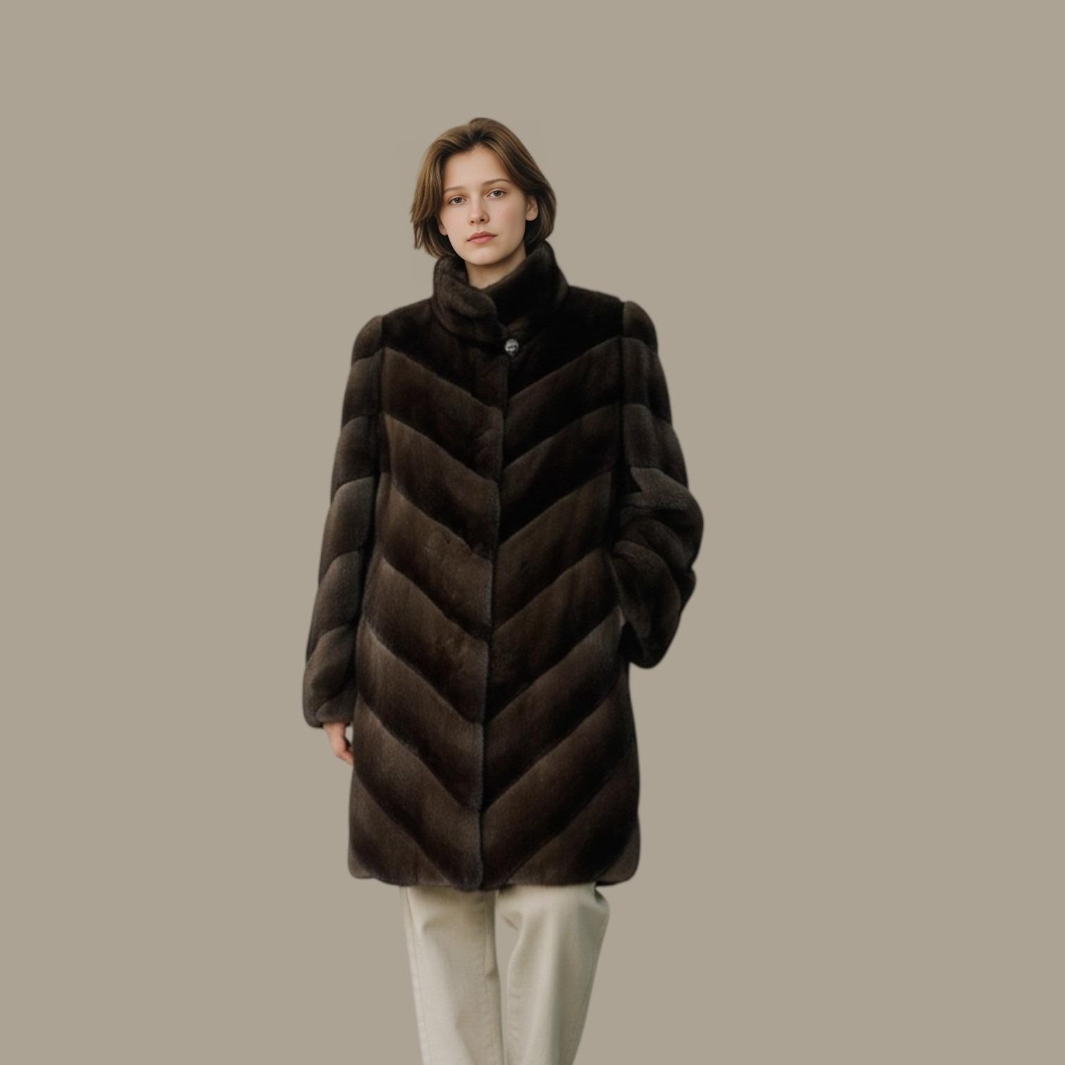 Brown Dyed Chevron Style Female Mink 3/4 Coat