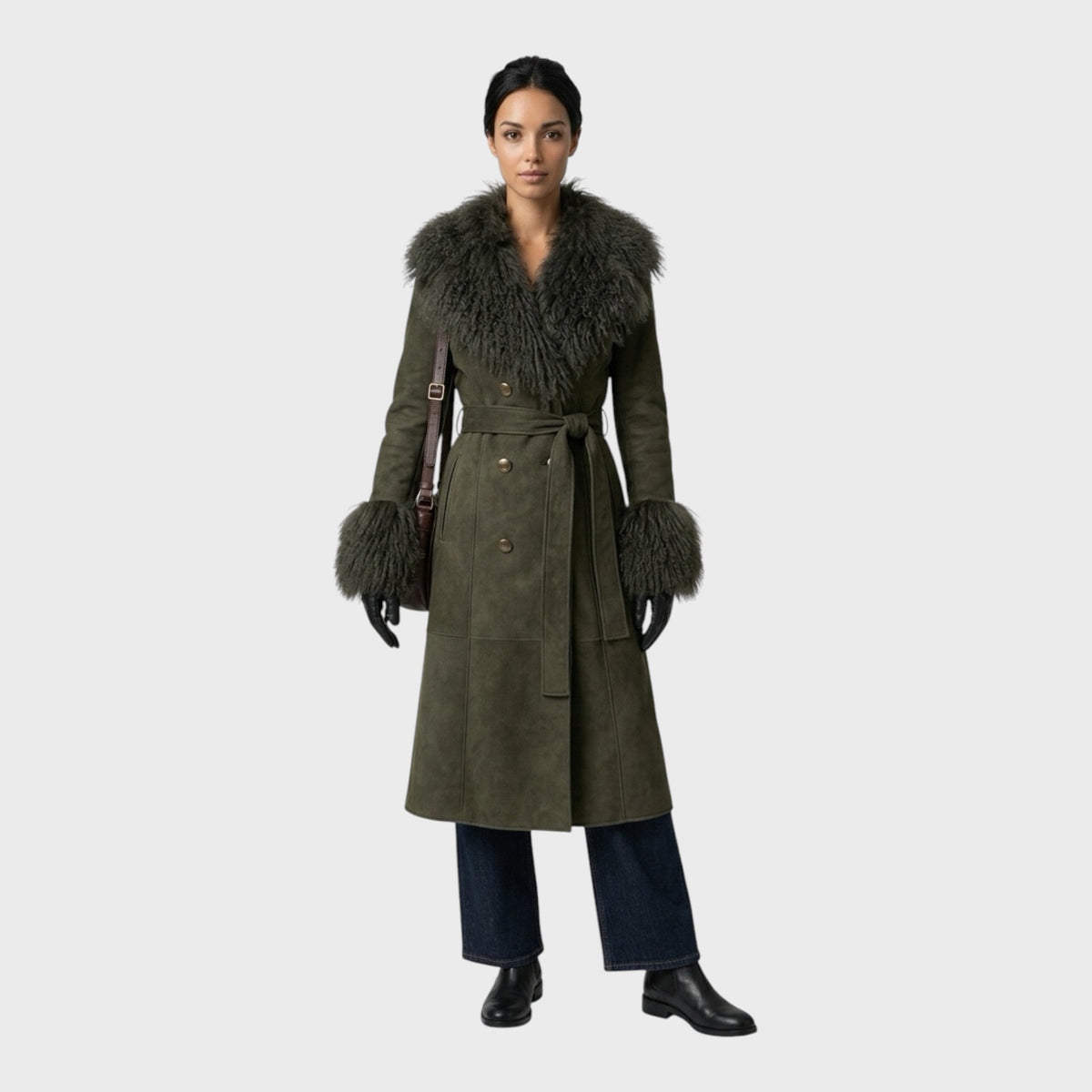 Olive Suede Coat with Mongolian Lamb Collar & Cuffs