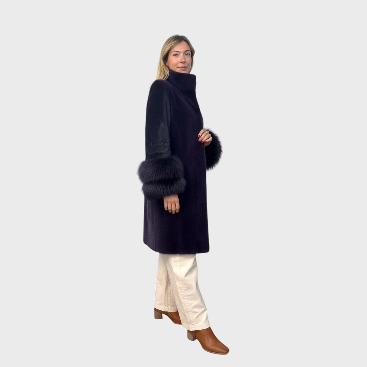 Purple Dyed Female Mink 7/8 Coat - Matching Swakara Sleeves & Fox trim