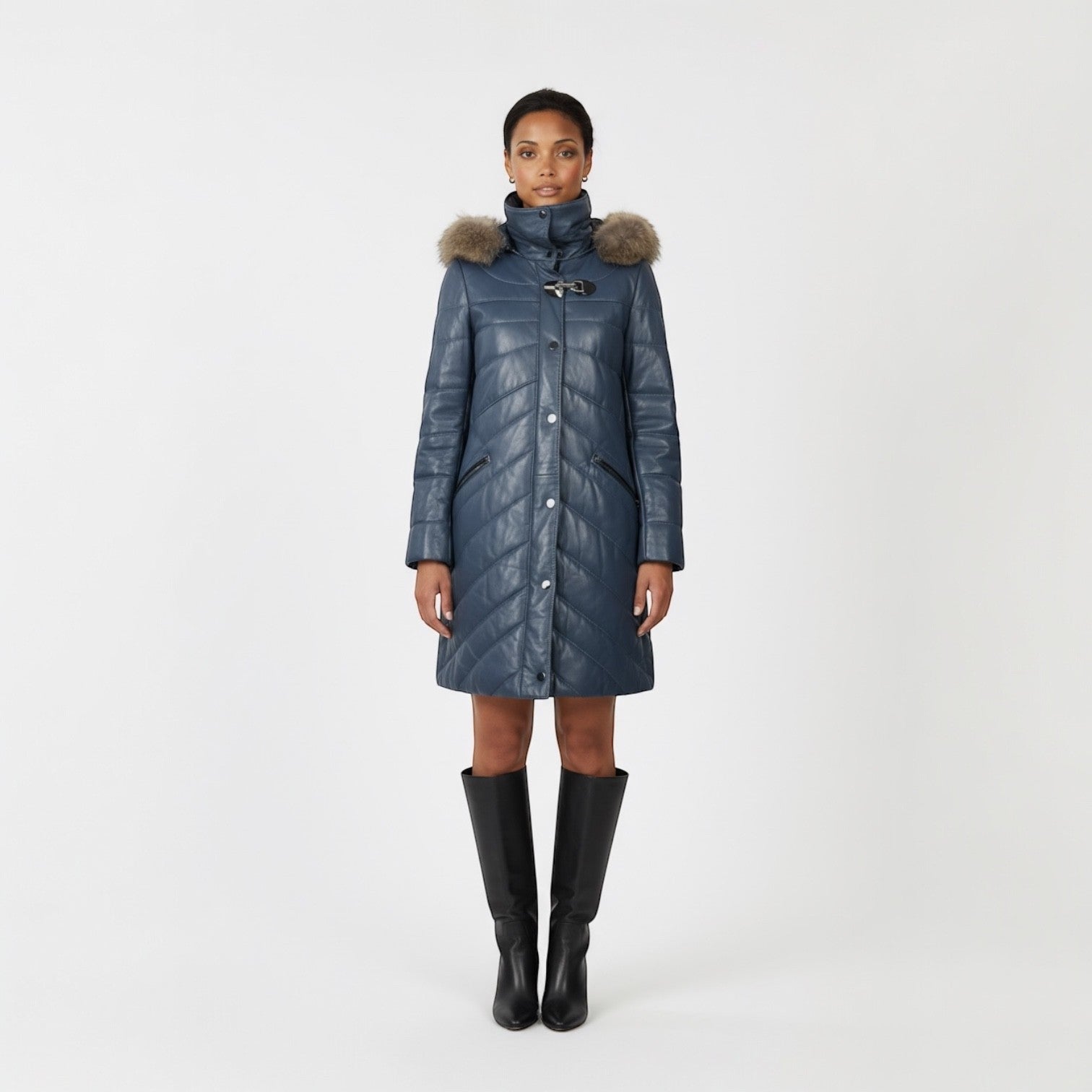 Denim Blue Leather Jacket - Detachable Hood Fur Trim