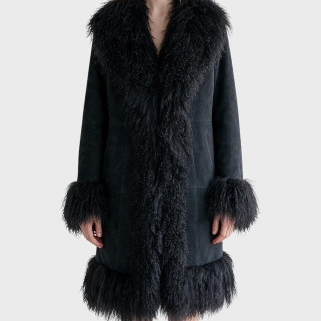 Suede Coat with Mongolian Lamb Trim