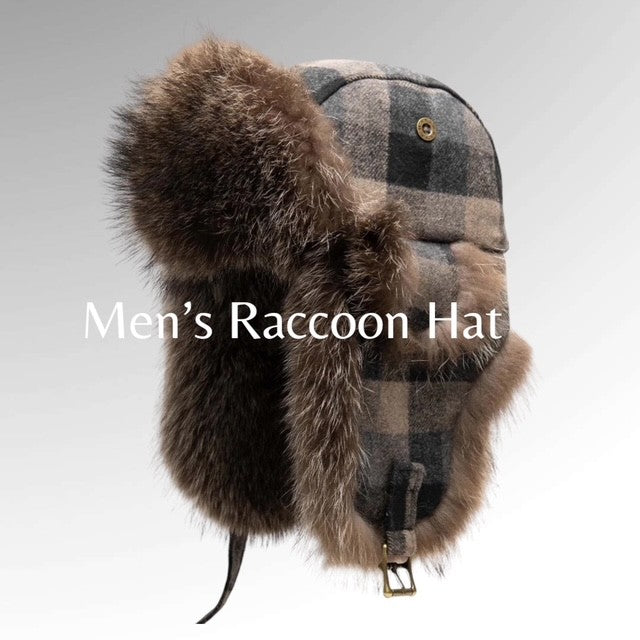 Men's Raccoon Aviator Hat - with Plaid Wool