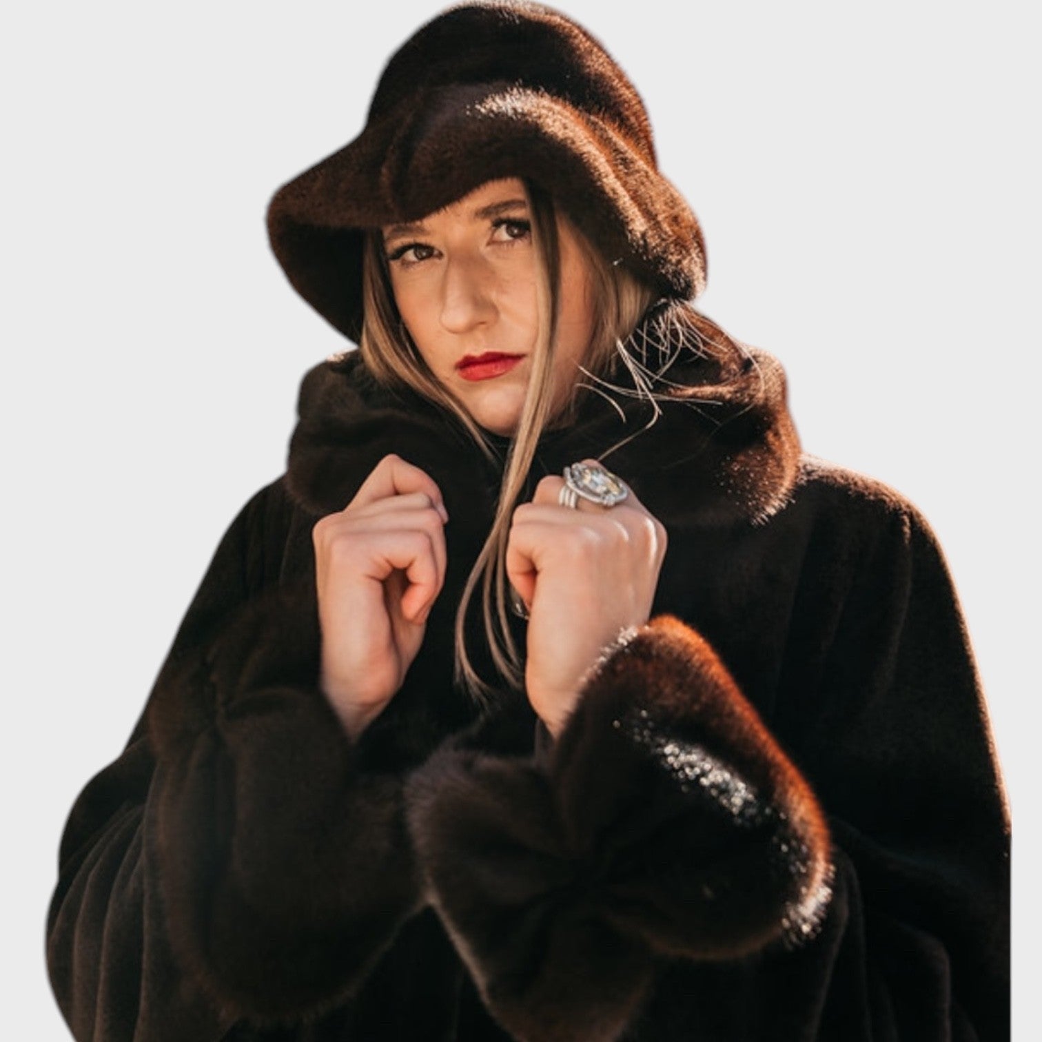 Brown Dyed Sheared Long Mink Coat - Mahogany Mink Collar & Cuffs
