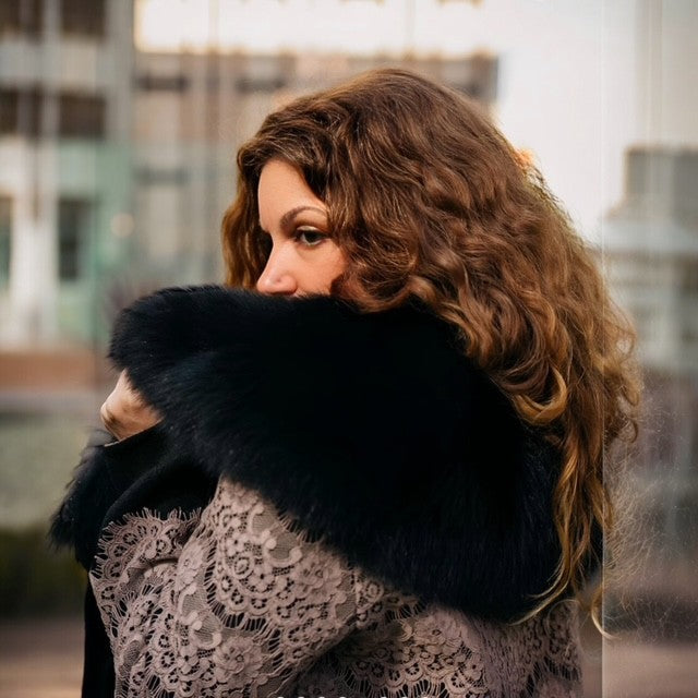 Double Cashmere & Lace Jacket Cinnamon Brown - Black Fox Collar