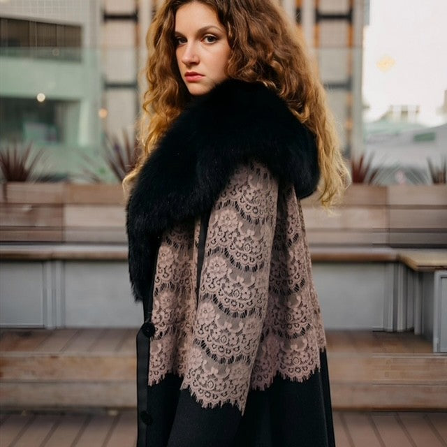 Double Cashmere & Lace Jacket Cinnamon Brown - Black Fox Collar