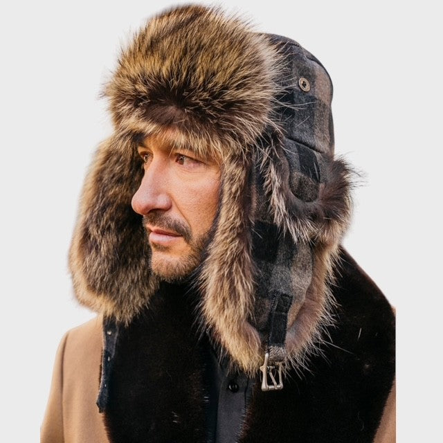Men's Raccoon Aviator Hat - with Plaid Wool