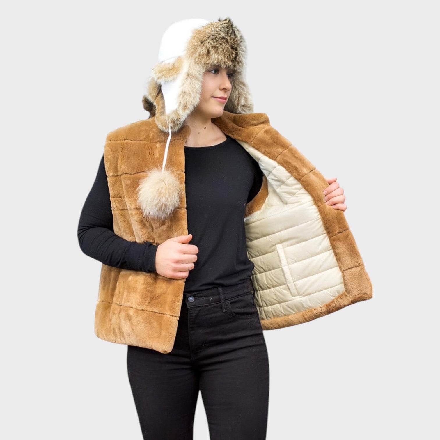 Camel Dyed Sheared Beaver Vest - Reversible