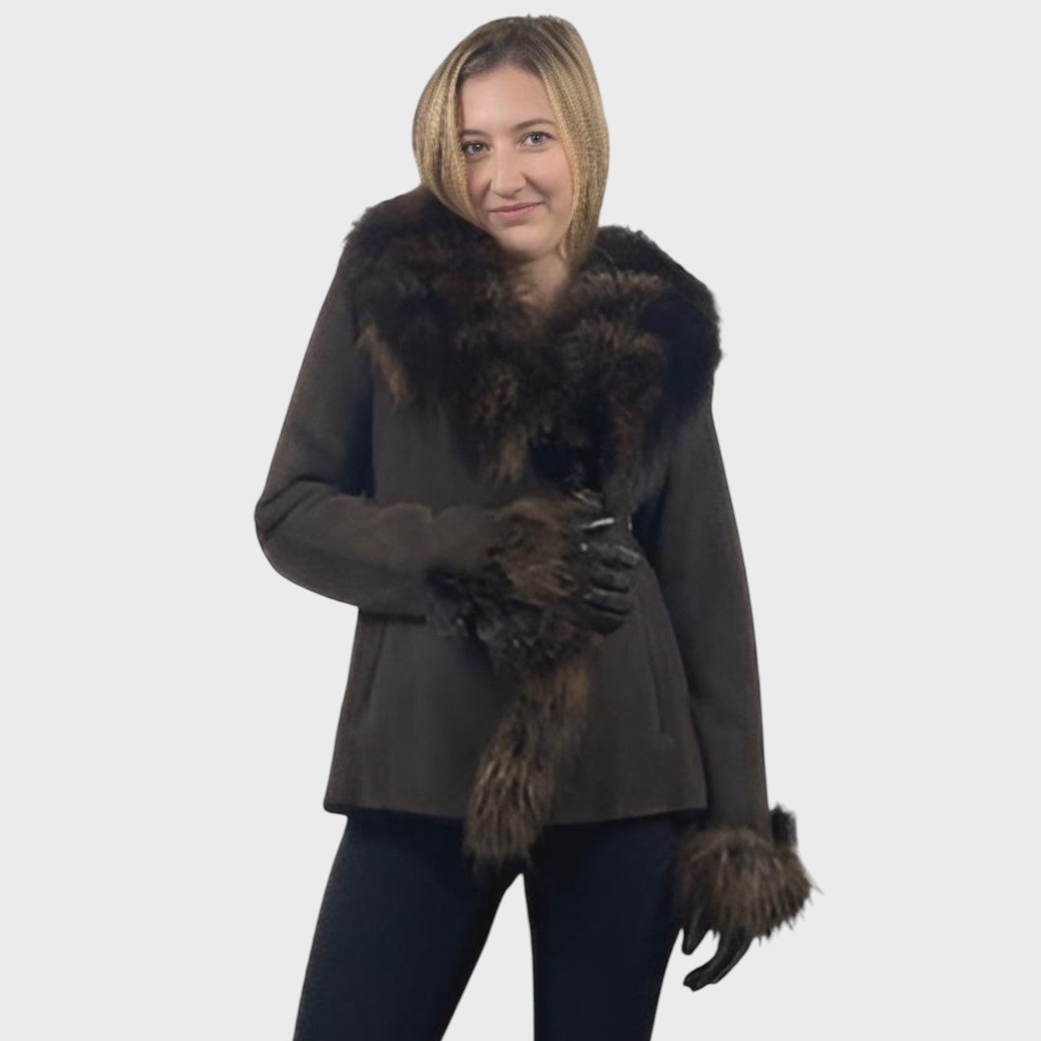 Shearling Jacket Mocha Suede - Matching Fox Trim