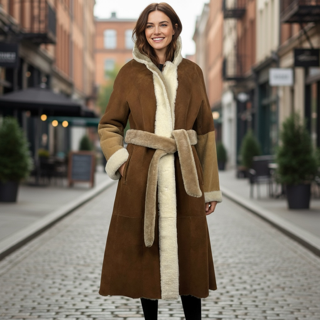 Two Tone Shearling Coat Earth Whiskey Suede - Reversible