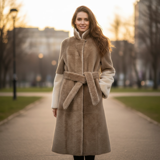 Two Tone Shearling Coat Earth Whiskey Suede - Reversible