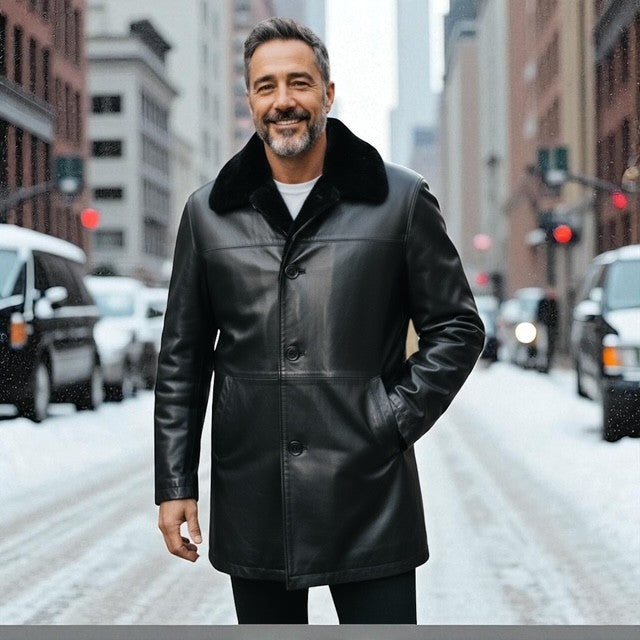 Men's Black Sheared Rabbit Jacket - Reversible to Black Leather