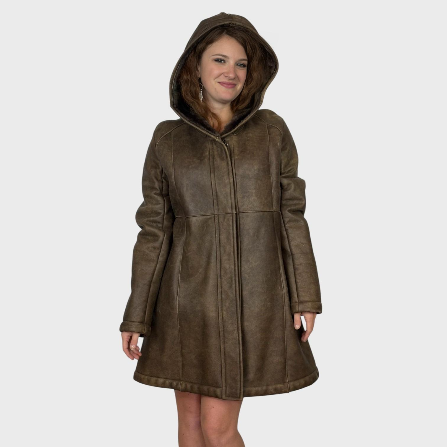 Brown Merino Shearling Hooded Jacket