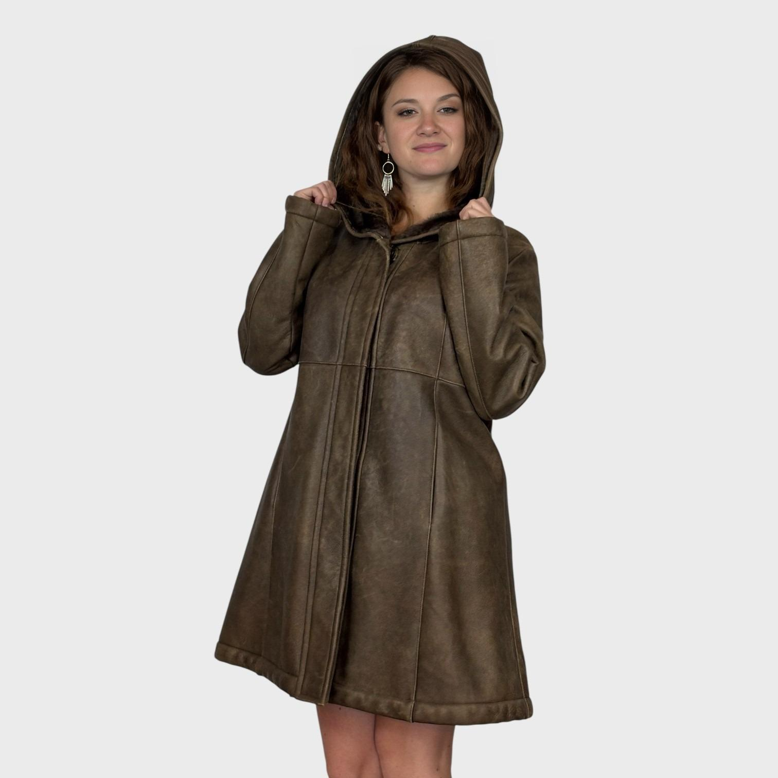 Brown Merino Shearling Hooded Jacket