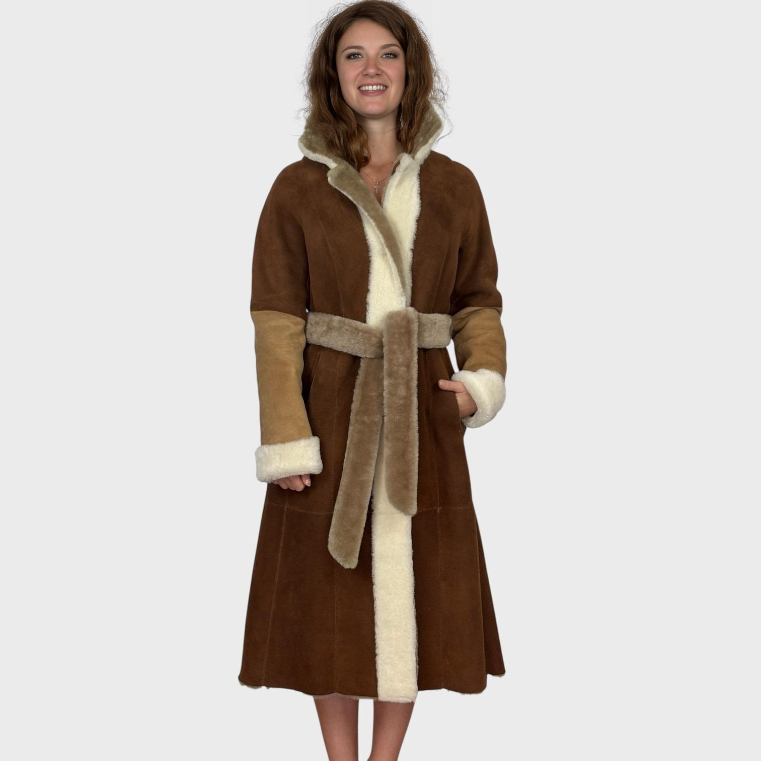 Two Tone Shearling Coat Earth Whiskey Suede - Reversible