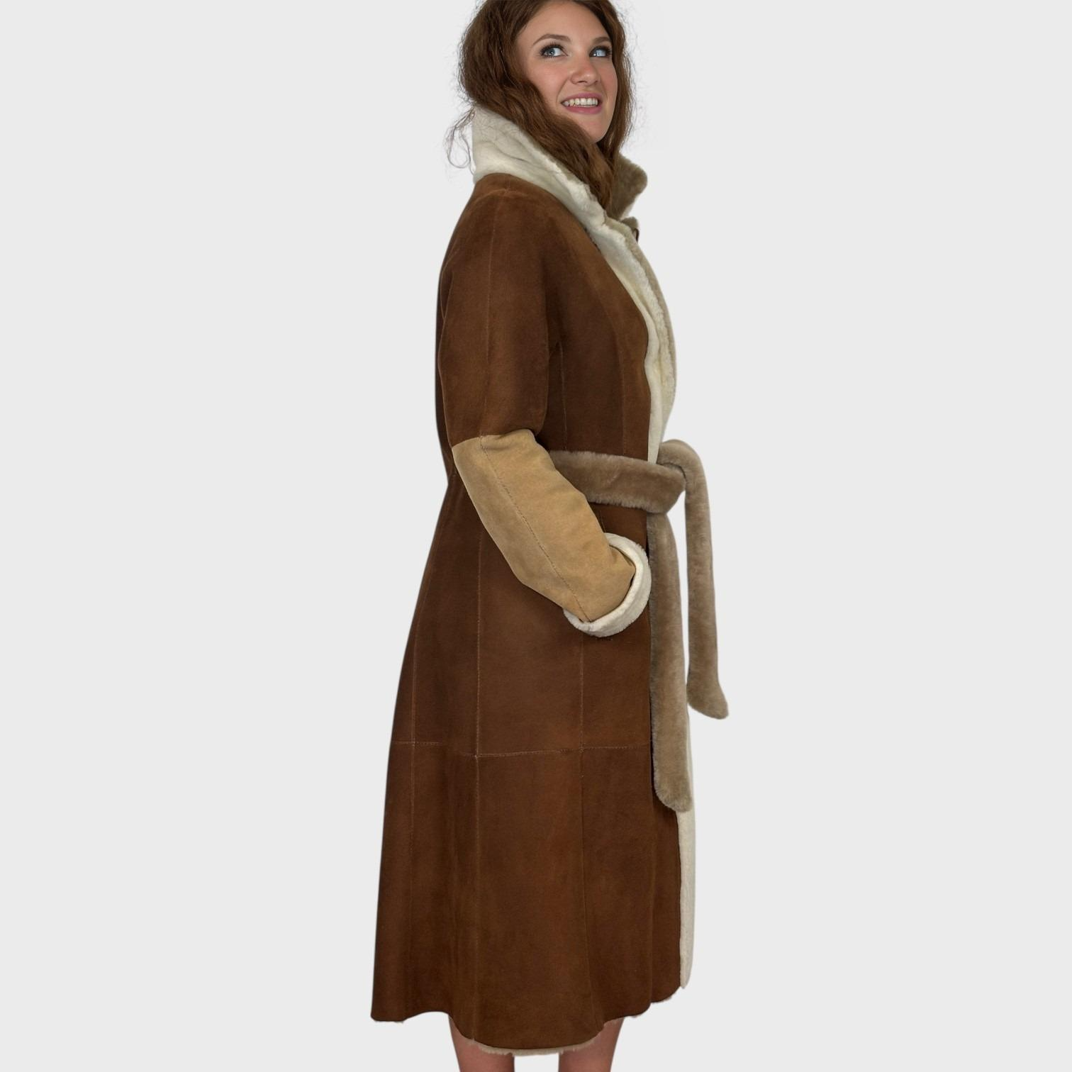 Two Tone Shearling Coat Earth Whiskey Suede - Reversible