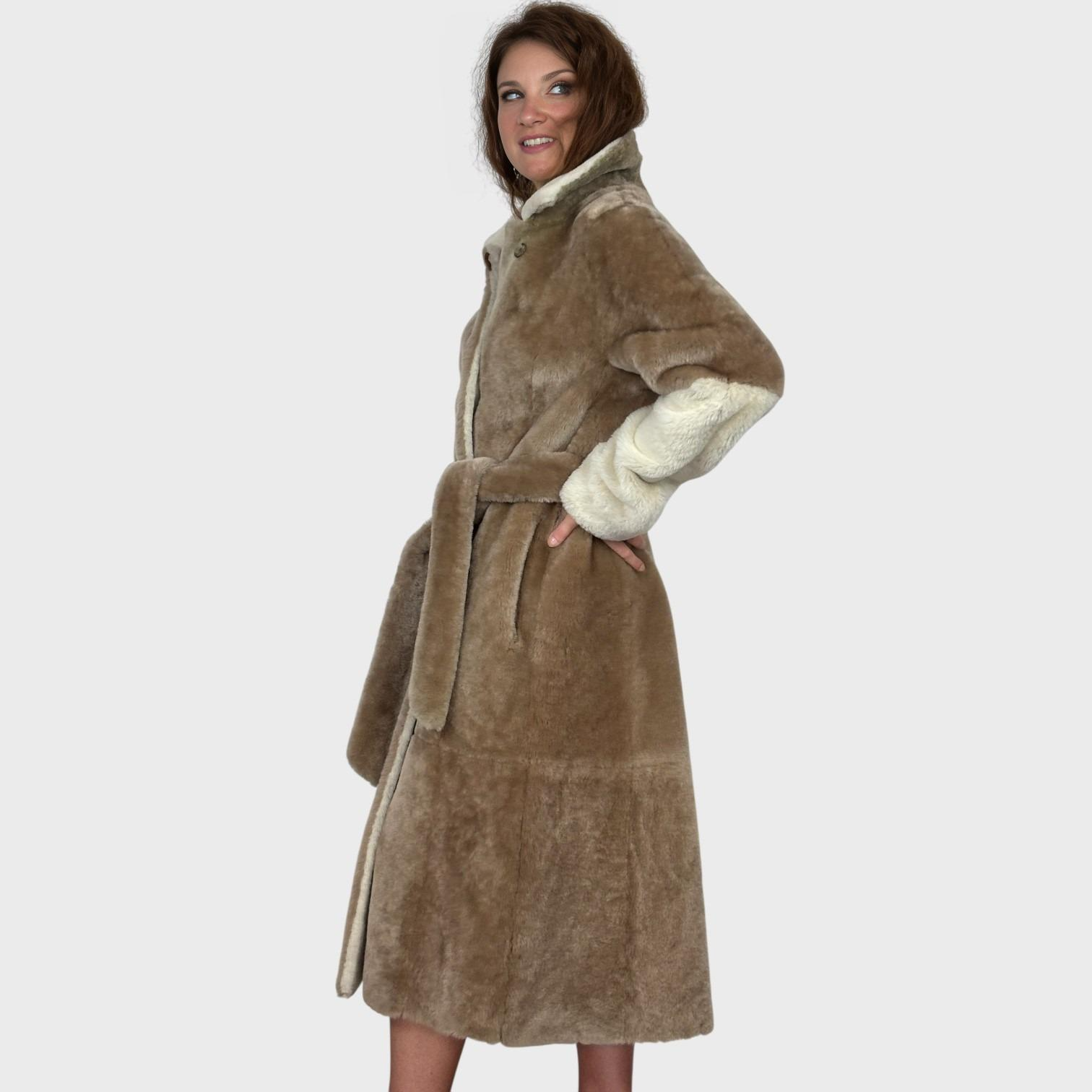 Two Tone Shearling Coat Earth Whiskey Suede - Reversible