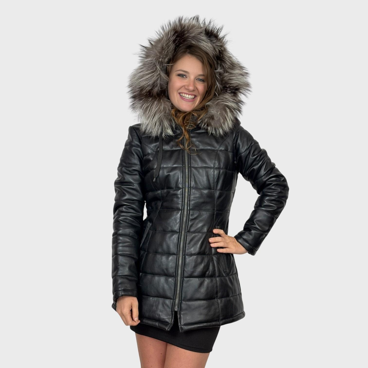 Black Quilted Leather Jacket - Silver Fox Trim