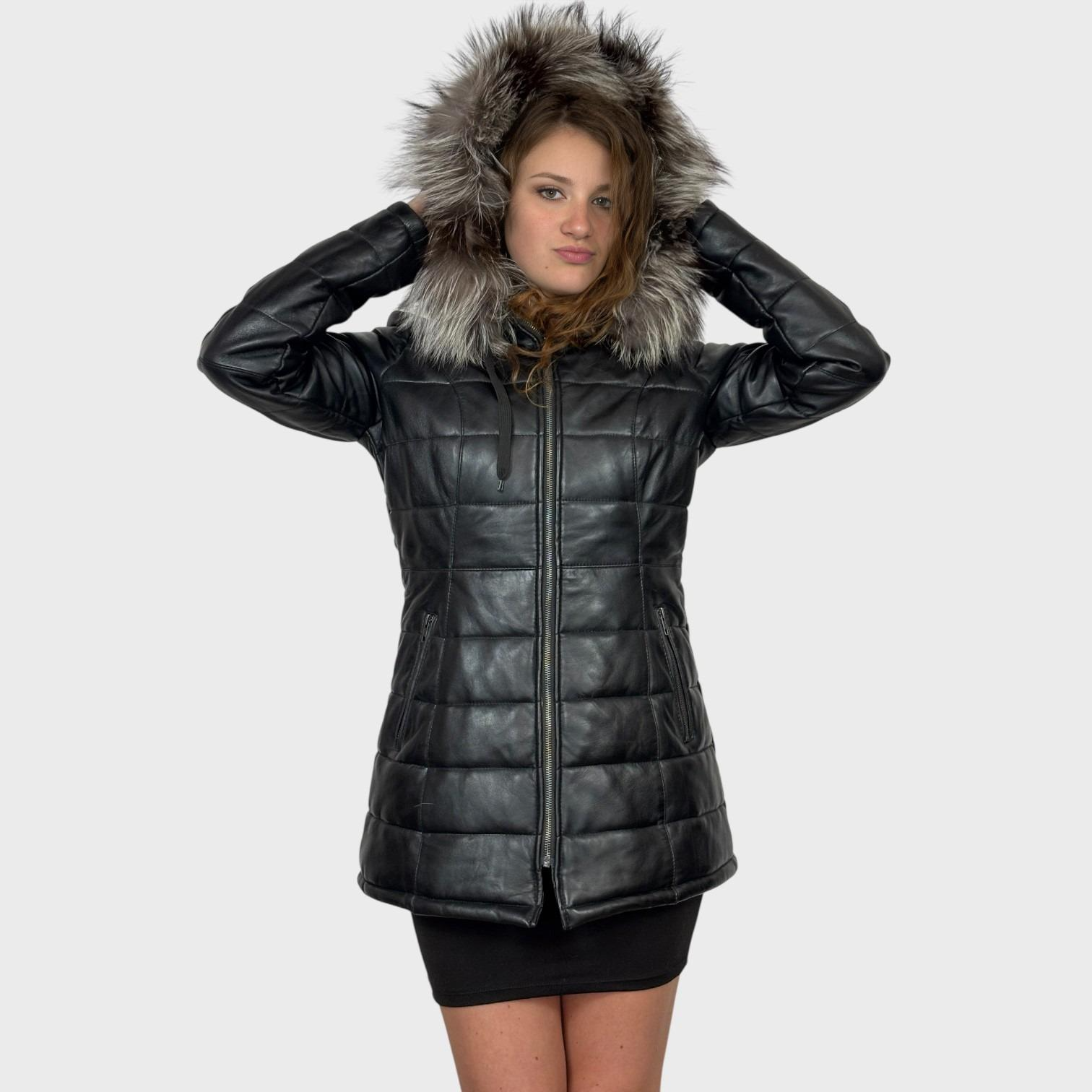 Black Quilted Leather Jacket - Silver Fox Trim