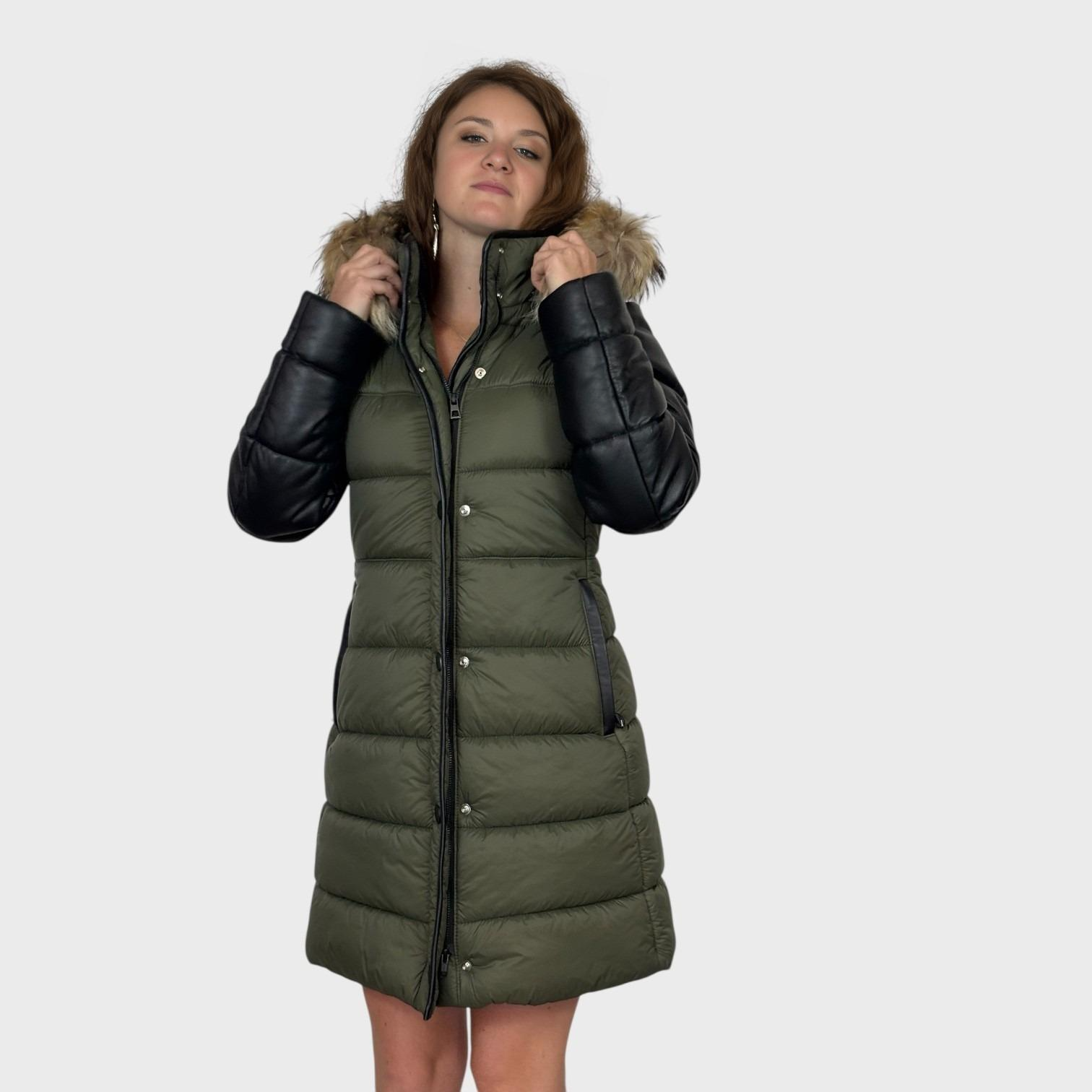Puffy Coat with Leather Sleeves - Hood Fur Trim