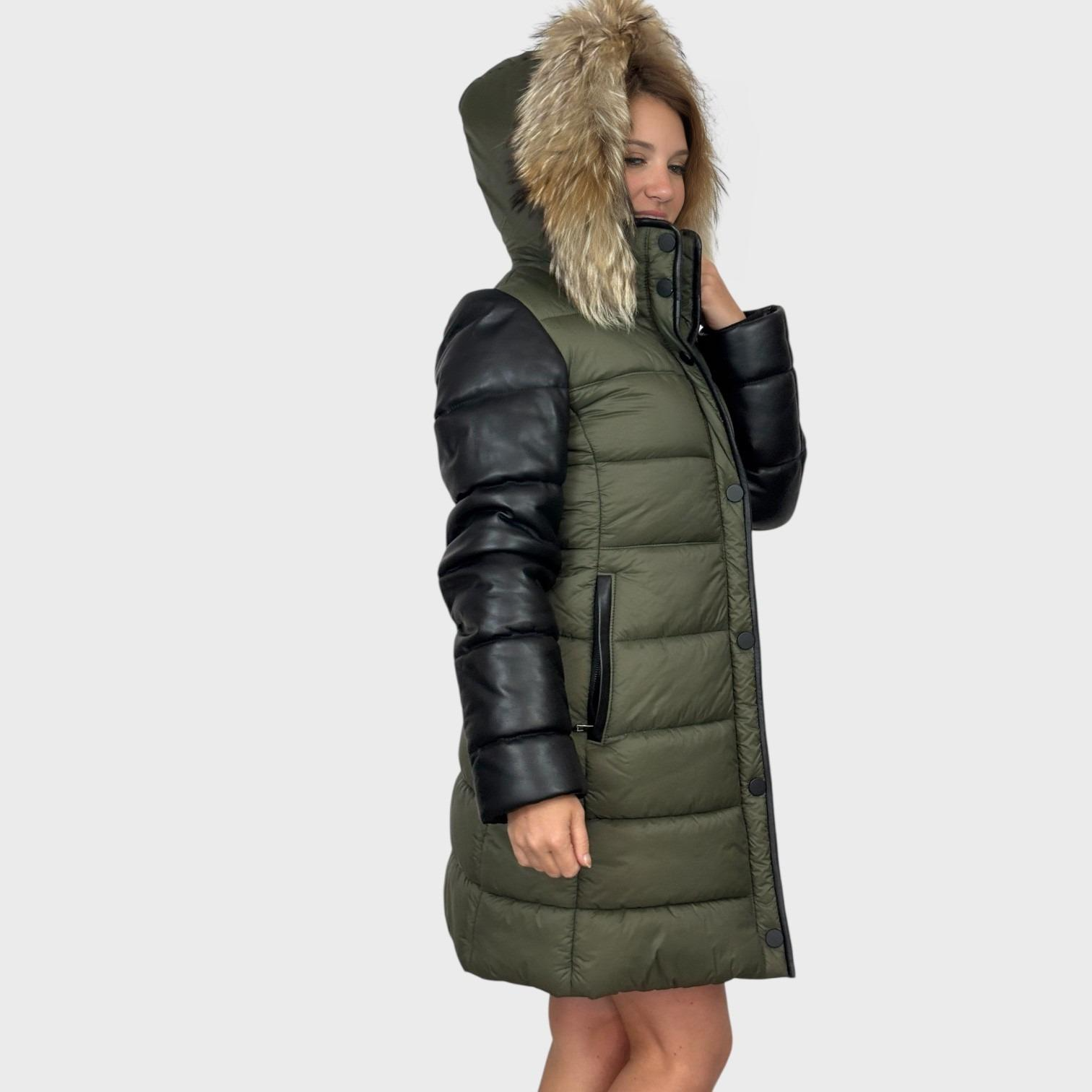 Puffy Coat with Leather Sleeves - Hood Fur Trim