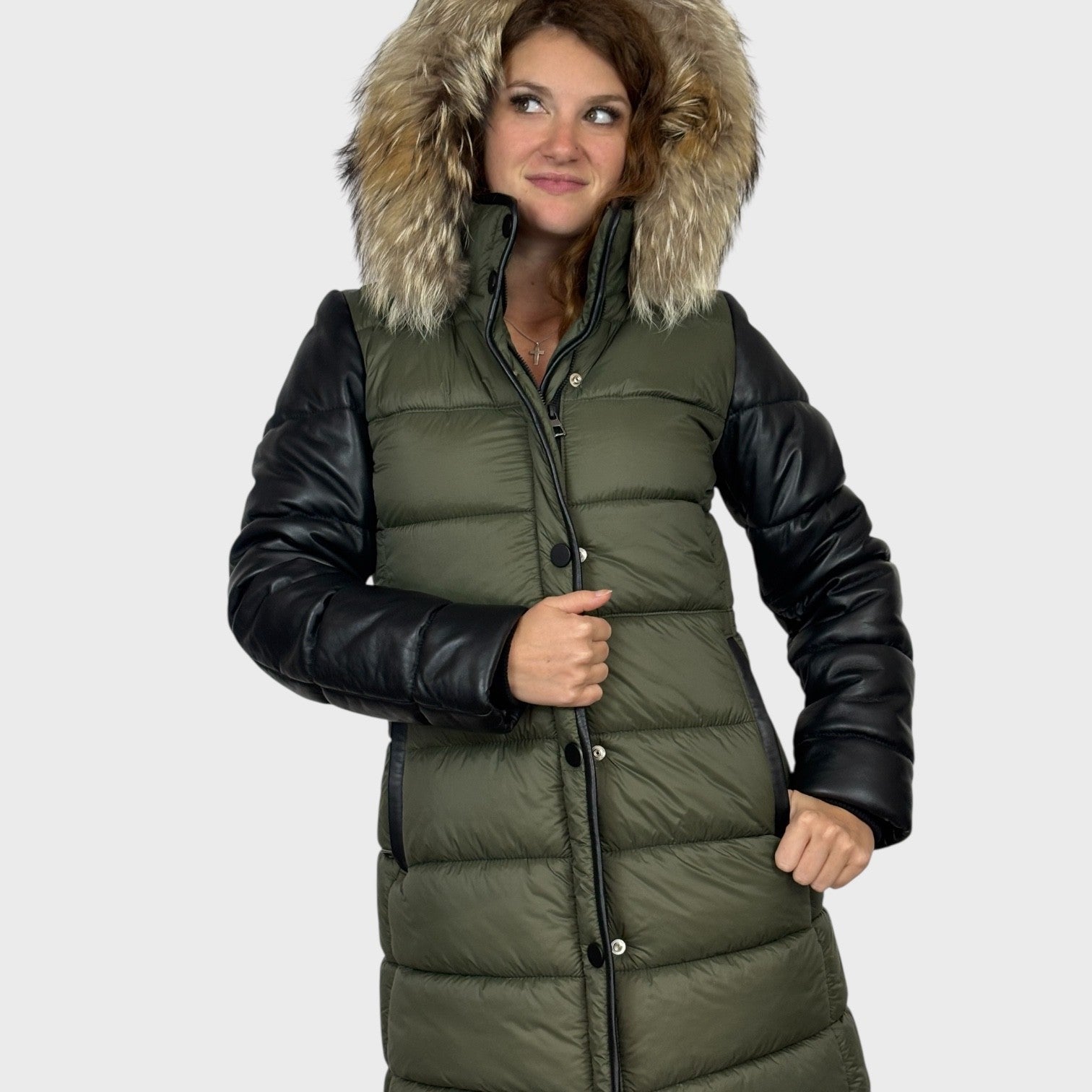 Puffy Coat with Leather Sleeves - Hood Fur Trim