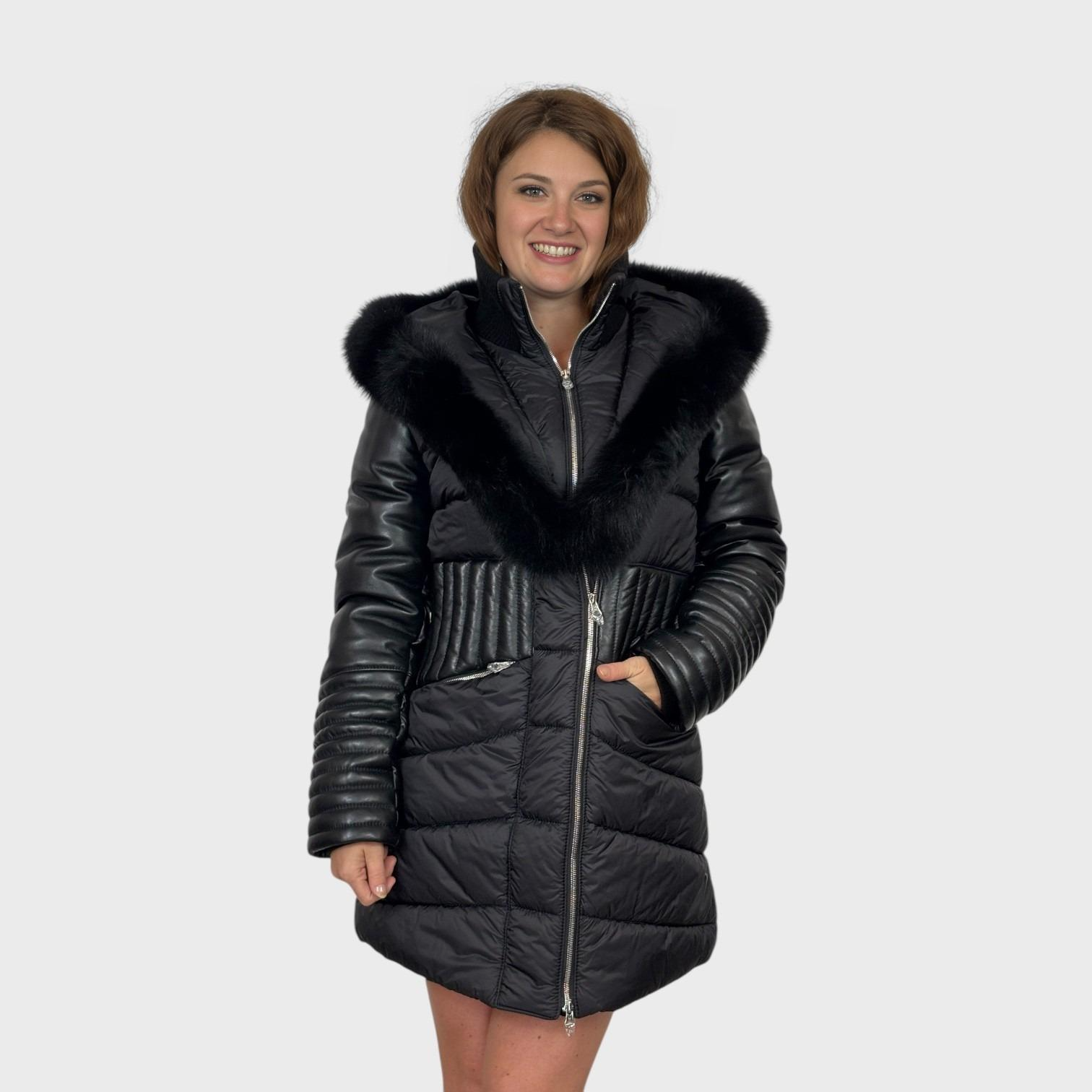 Black Leather & Fabric Jacket - Black Fox Trim