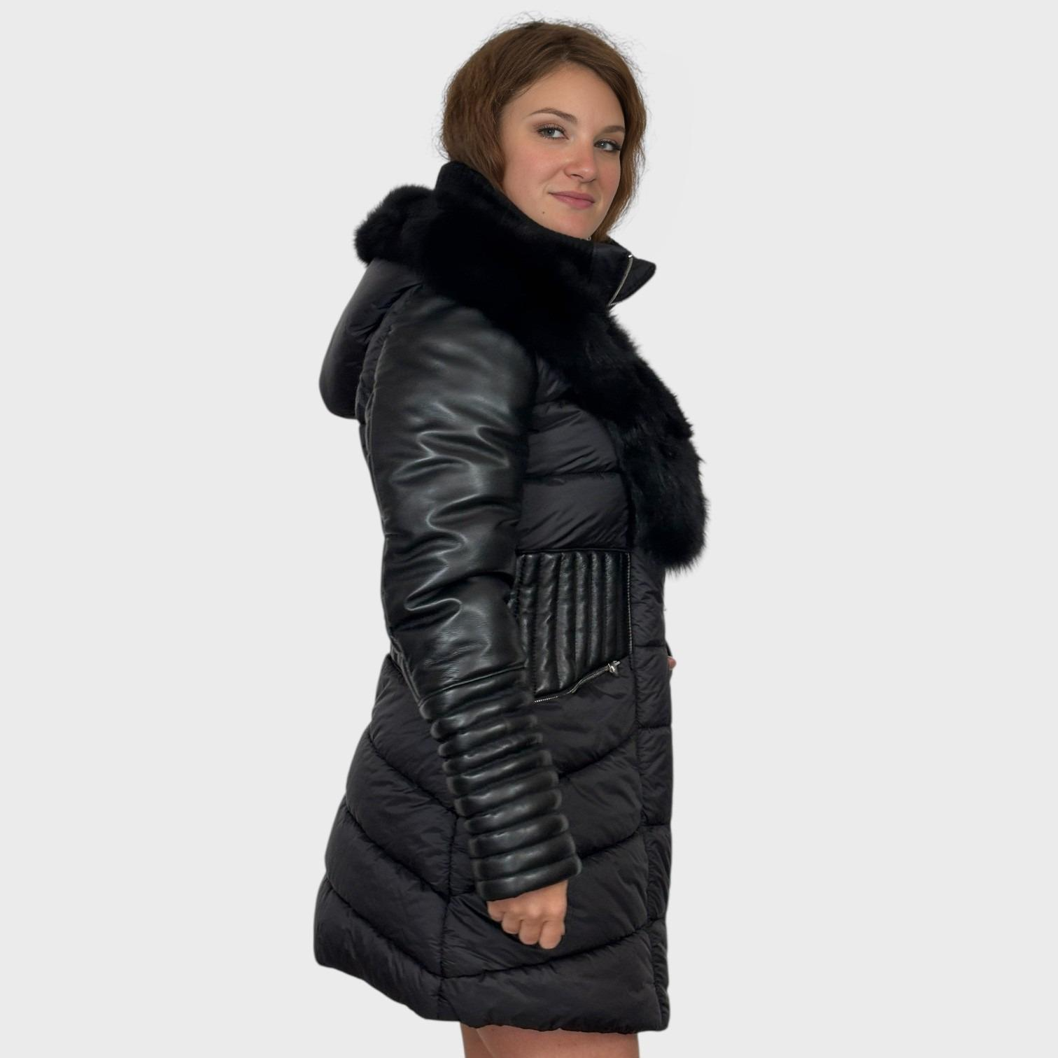 Black Leather & Fabric Jacket - Black Fox Trim