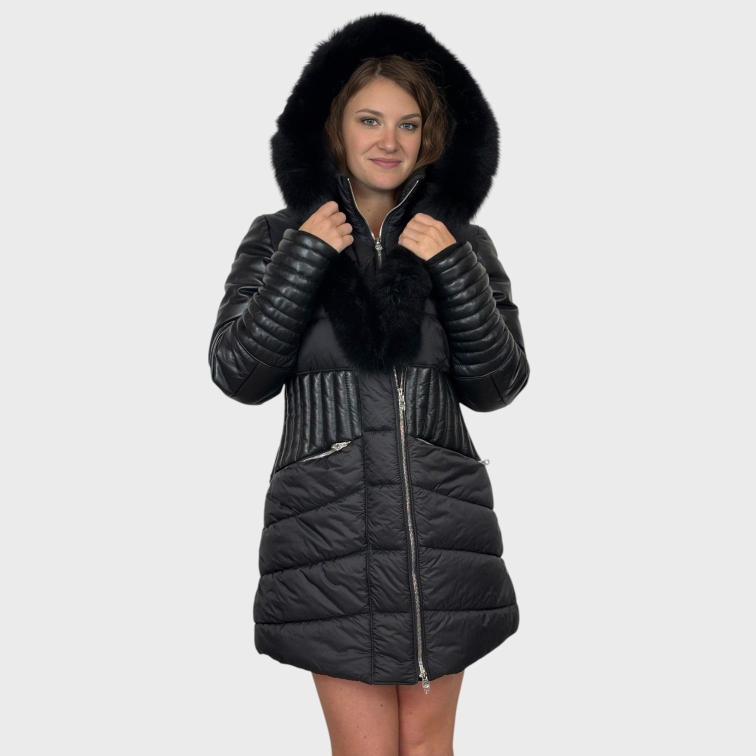 Black Leather & Fabric Jacket - Black Fox Trim